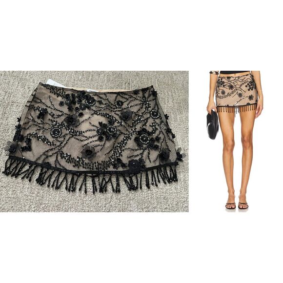 Jaded London Dresses & Skirts - Jaded London Beaded Floral Mesh Mini Skirt NWT US 6/UK 10 Black Fringe Party